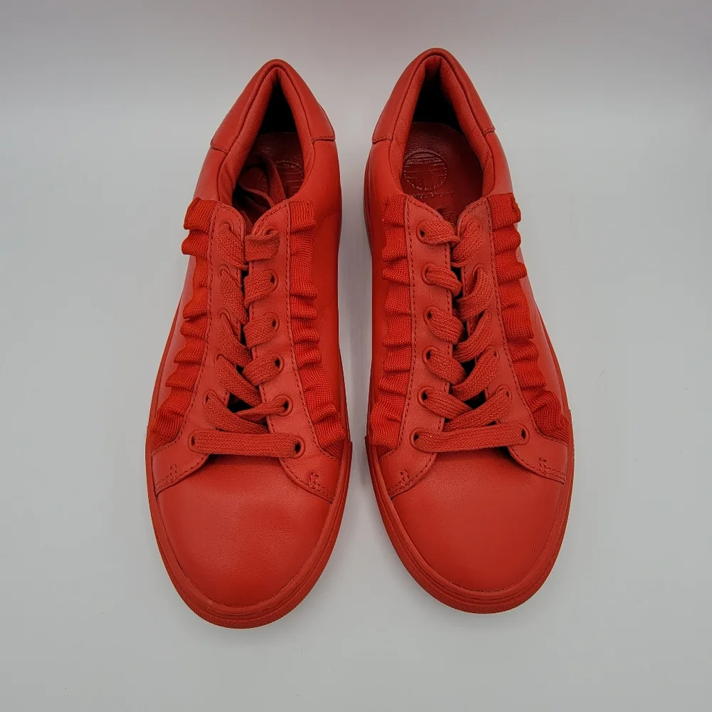 Tory Burch Red Leather Ruffle-Trim Sneakers